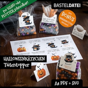 May include: Halloween-themed gift bags filled with candy, featuring labels with a cartoon cat in a witch hat and the text "Eine Tüte voll Halloween." Additional printed sheets and tags with Halloween cat and pumpkin designs are also visible.