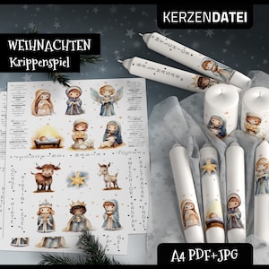 Candle file NATIVITY PLAY, Christmas, nativity figures, candle tattoo, candle sticker, water slide decal paper, PDF, JPG, watercolor