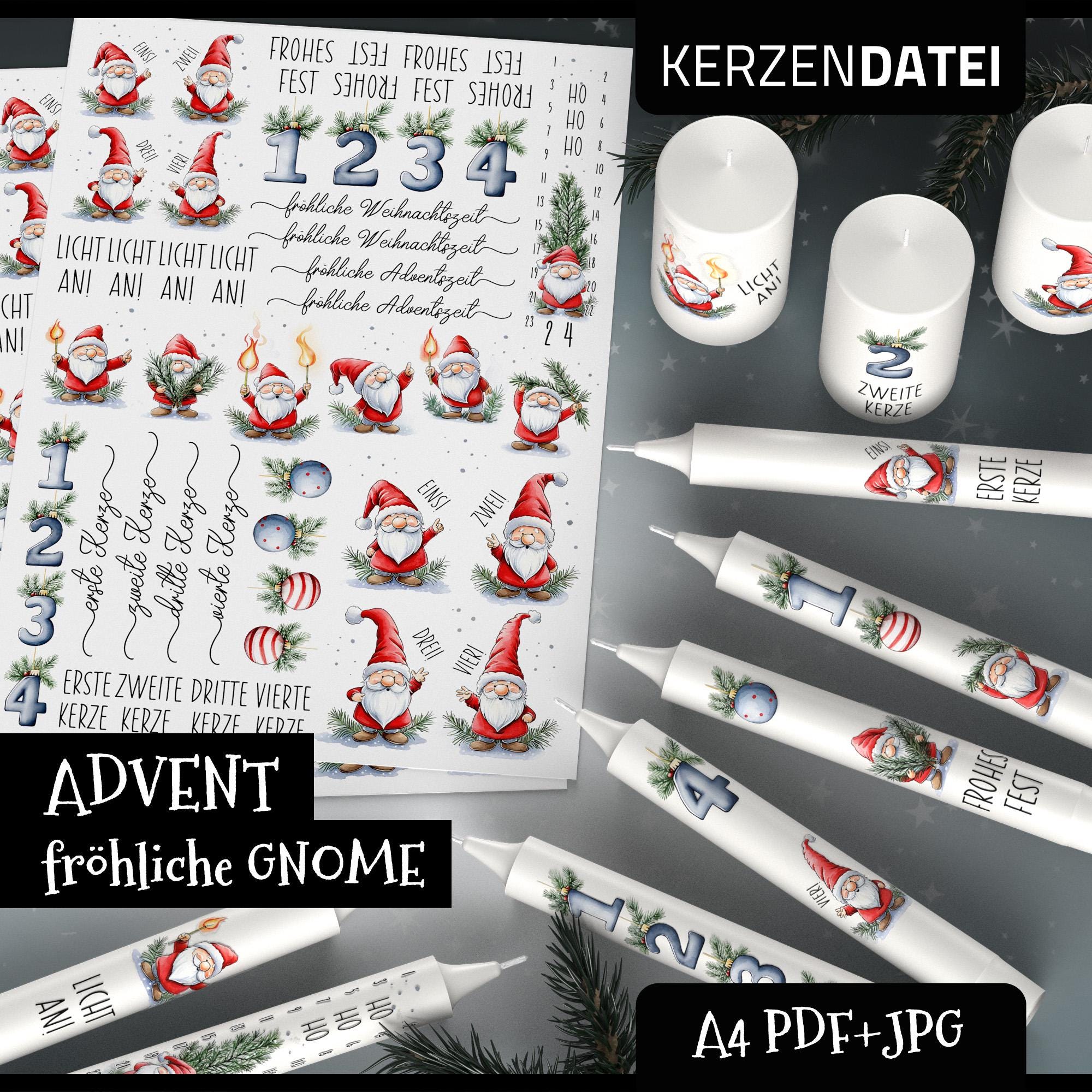 Candle file Advent MERRY GNOME, Advent wreath, Christmas, calendar to go, candle sticker, candle tattoo, watercolor, gnomes, trolls