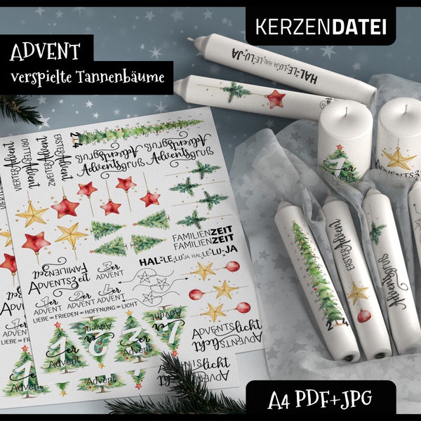 Kerzentattoo Weihnachten Advent, Wasserschiebefolie, Decalpaper, Kerzensticker, Kerzendatei, PDF, JPG, Aquarell, Tannenbäume, Weihnachtsbaum