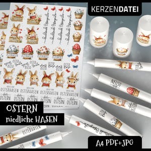 Puede incluir: Una hoja de pegatinas imprimibles con bonitas ilustraciones de conejos con texto de temática de Pascua. Las pegatinas incluyen frases como "Osterhase" y "Ostergrüße". La hoja también incluye imágenes de huevos de Pascua, mariposas y una cesta de huevos. El texto "KERZENDATEI" está en la parte superior de la hoja.