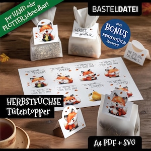 May include: A collection of fox-themed paper crafts, including bag toppers and tags. The designs feature watercolor illustrations of foxes with autumn leaves and pears. Text includes "Herbstgrüße" and "A4 PDF + SVG".