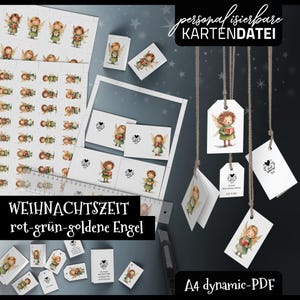 ANHÄNGER Kartendatei rotgrüngoldene ENGEL, personalisierbar, Weihnachten, Advent, Winter, Etiketten, Geschenkanhänger, PDF, Ebenen, Aquarell