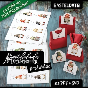 May include: Advent calendar kit featuring gnome illustrations. Includes printed sheets with numbered gnome designs, red gift bags, and decorative tags. The image also shows the text "BASTELDATEI" and "A4 PDF + SVG".