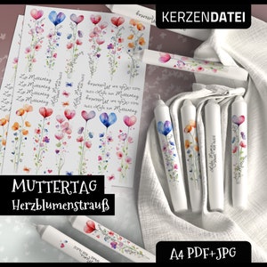 Könnte beinhalten: Ein Set weißer Kerzen mit Aquarell-Blumendesigns mit Herzen und dem Text "Liebe Mama Danke für Alles!" und "Zum Muttertag". Die Kerzen liegen auf einem weißen Stoffuntergrund. Der Text "KERZENDAΤΕΙ" befindet sich in der oberen rechten Ecke des Bildes.