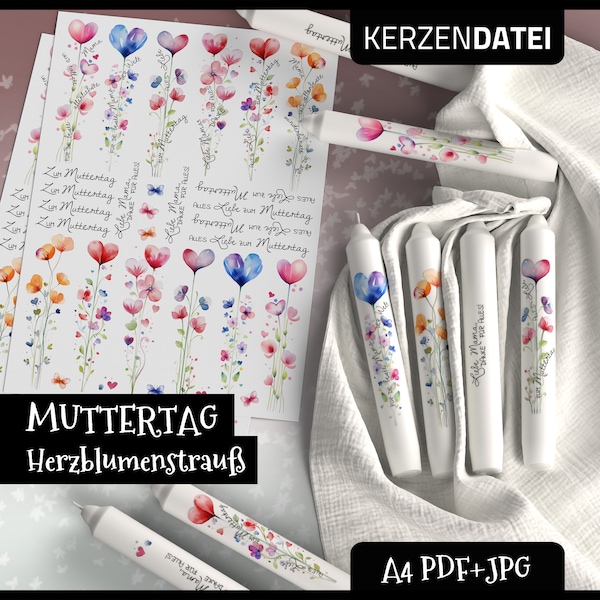 Kerzendatei MUTTERTAG Herzblumenstrauß, Blumen, Herzen, Dank, Liebe, Mutter, Gruß, Mama, Kerzensticker, Kerzentattoo, PDF, JPG, Aquarell