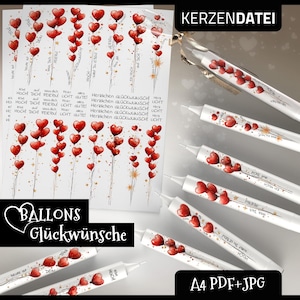 Kerzendatei GLÜCKWÜNSCHE HERZBALLONS, Geburtstag, Feier, Anerkennung, Schulabschluss, Prüfung, Kerzensticker, Kerzentattoo, pdf jpg Aquarell