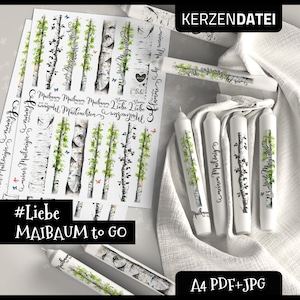 May include: A set of four white candles with a birch tree design and the text "#Liebe MAIBAUM to GO" printed on them. The candles are on a white linen cloth with a sheet of paper with a birch tree design and the text "#Liebe MAIBAUM to GO" printed on it.