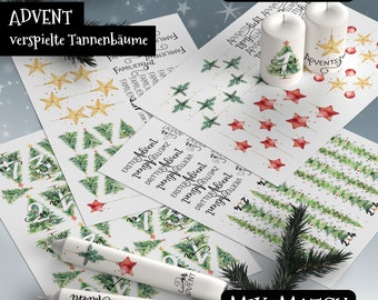 Candle file, mix&match, Advent cute fir trees, Christmas, candle tattoo, water slide film, candle sticker, PDF, JPG, watercolor