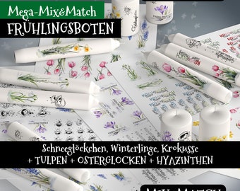 MEGA Mix&Match FRÜHLINGSBOTEN, Kerzendatei, Frühling, Blumen, Feen, Blüten, Wasserschiebefolie, Kerzentattoo, Kerzenfolie, pdf jpg, Aquarell