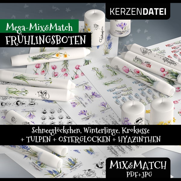 MEGA Mix&Match FRÜHLINGSBOTEN, Kerzendatei, Frühling, Blumen, Feen, Blüten, Wasserschiebefolie, Kerzentattoo, Kerzenfolie, pdf jpg, Aquarell