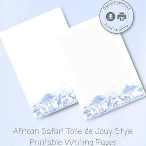 Papelaria para impressão Papel para escrever cartas, estilo toile de jouy Safari africano, papel pautado, papel para anotações download digital