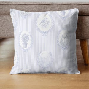 Le Jardin Secret French toile digital paper collection in soft blue and white, featuring elegant floral and bird patterns, ornate damask motifs, hydrangeas, vintage cameos, and a romantic French love seat surrounded by flowers. A delicate watercolor grandmillennial-style paper set perfect for scrapbooking, junk journaling, invitations, and shabby chic craft projects.