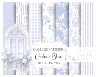 French Country Digital Paper Pack, Grandmillennial Digital Paper Pack, Blau-Weiß-Toile de Jouy, Chateaucore-Hintergründe