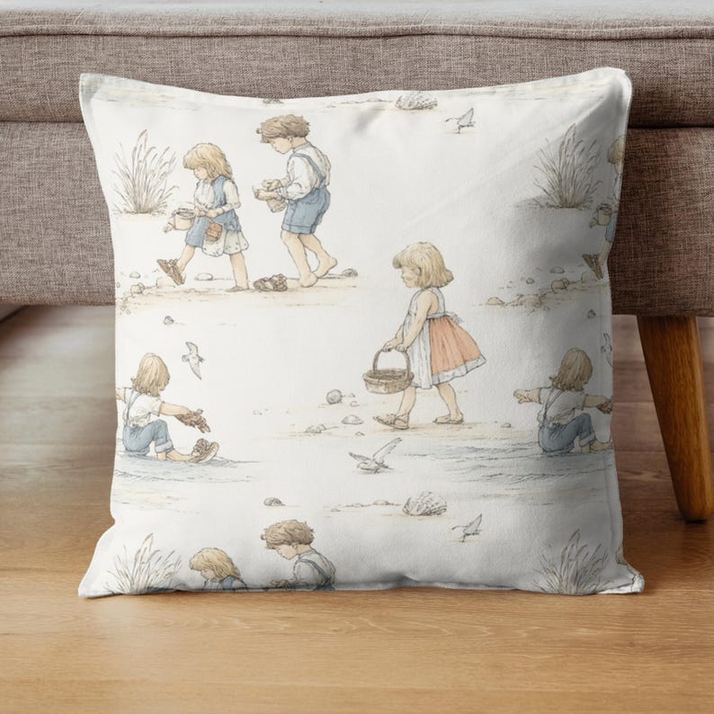 Seamless pattern in a vintage storybook toile style featuring children playing at the beach, paddling in shallow waves. Soft ink and watercolor illustration in muted tones of sandy beige, pale blue, and warm grey.