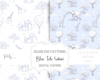 Blue Chinoiserie Toile de Jouy Seamless Safari Pattern, for Nursery, Paper, Fabrics and more - Instant Download
