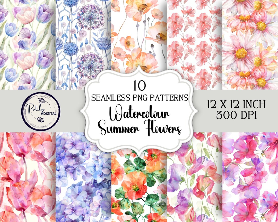Floral Seamless Patterns Pack - Digital Download, Watercolour Flowers ...