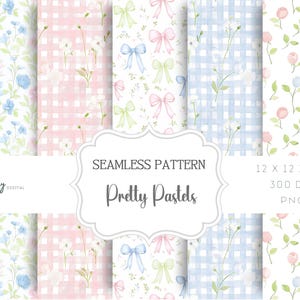 May include: A set of three digital seamless patterns featuring pastel blue and pink floral designs with gingham backgrounds. The patterns are 12 inches by 12 inches, 300 DPI, and in PNG format. The text "Pretty Pastels" is displayed on a white banner.
