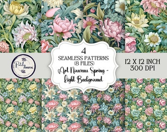 May include: Four seamless floral patterns in a light background with pink, white, and yellow flowers. The patterns are 12 x 12 inches and 300 DPI. Art Nouveau Spring - Light Background.