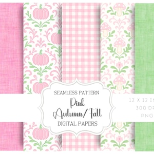 May include: A collection of seamless digital papers with pink and green patterns. Designs include pink pumpkins, gingham, mushrooms, and textured solids. The text reads "Pink Autumn/Fall Digital Papers".