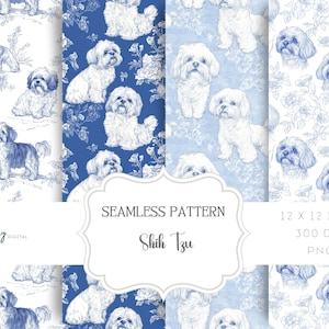 Toile de Jouy Digital Paper - Seamless Pattern, Dogs, Shih Tzu, Clipart for Paper, Fabrics and more - Instant Download