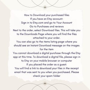 May include: White text on a light beige background with a decorative pattern of overlapping circles and stars. The text explains how to download purchased digital files from Etsy.com. The text includes instructions for Etsy account holders and guests.
