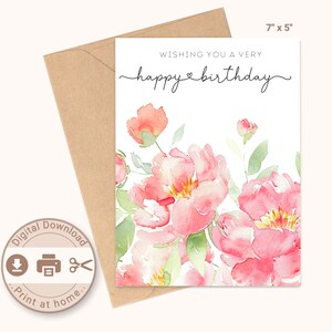 Cartão de feliz aniversário para impressão, flores em aquarela, download digital, impressão em casa, cartão DIY