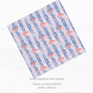Americana bow stripe seamless pattern with red white and blue ribbon bows lace stripes and stars, vintage patriotic coquette digital paper for fabric wallpaper nursery decor