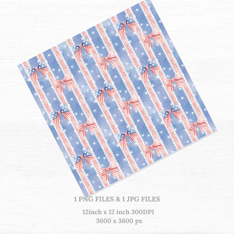 Americana bow stripe seamless pattern with red white and blue ribbon bows lace stripes and stars, vintage patriotic coquette digital paper for fabric wallpaper nursery decor