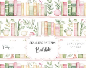 Seamless Bookshelf Pattern, Booklover's Library Background, Repeating Design, Instant Digital Download, clipart, png