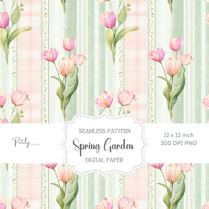 Könnte beinhalten: Ein nahtloses digitales Papier Muster mit Aquarell-Tulpen in Rosa und Creme, vor einem Hintergrund aus vertikalen Streifen in Hellgrün und Rosa. Das Design enthält den Text "Spring Garden" und "Digital Paper". Das Papier misst 30,48 x 30,48 cm.