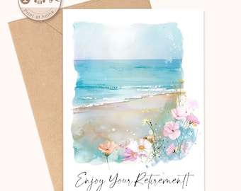 Tarjeta de jubilación imprimible, paisaje marino de acuarela imprimible, descarga digital, impresión en casa, tarjeta de bricolaje