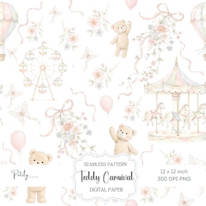 May include: Seamless digital paper pattern featuring a whimsical teddy bear carnival theme. The design includes a Ferris wheel, carousel, hot air balloons, butterflies, and teddy bears holding balloons, all in soft pastel colors. The text "Teddy Carnival" is also included.
