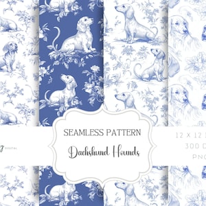 Pode incluir: Um padrão sem costura com cães salsicha azuis e brancos sobre um fundo floral azul e branco. O padrão mede 30,5 x 30,5 cm e 300 DPI. O texto "Dachshund Hounds" está no centro da imagem.