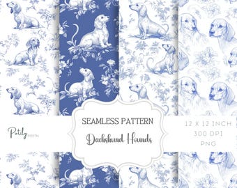 Toile de Jouy Digital Paper - Seamless Pattern, Dogs, Dachshunds, Clipart for Paper, Fabrics and more - Instant Download