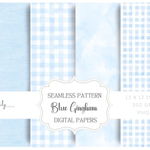 Pode incluir: Papéis digitais com vários padrões azuis, incluindo lisos, xadrez vichy e efeitos aquarela. O texto diz "Blue Gingham Digital Papers" e "12 x 12 polegadas". Projetado para uso digital.