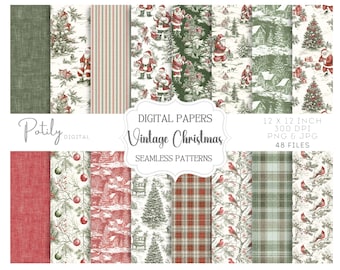 Vintage Christmas Seamless Patterns, Red and Green Santa Toile Digital Papers, Scrapbook & Junk Journal