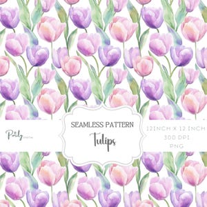 Watercolor Floral Seamless Pattern, Spring Tulips, Easter Floral Background, Instant Digital Download, for papers, POD, and more, png