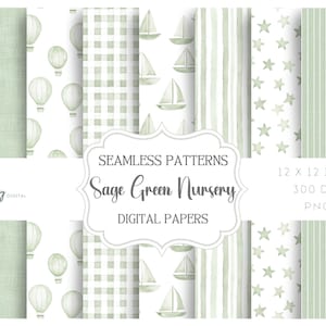 Può includere: Una collezione di carte digitali verde salvia con vari motivi, tra cui mongolfiere, barche a vela, quadretti, stelle e strisce. Il testo sull'immagine recita "Sage Green Nursery Digital Papers" e "12 x 12 pollici".