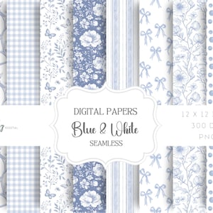 Papel digital sin costuras con estampados de toile azul: lazos coquetos y patrones preppy, álbum de recortes imprimible en azul y blanco, decoración para baby shower y habitación infantil.
