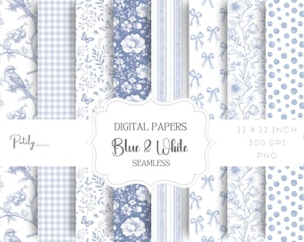 Blue Toile Seamless Digital Paper Set – Coquette Bows and Preppy Patterns, Blue and White Printable Scrapbook, Baby Shower & Nursery Decor