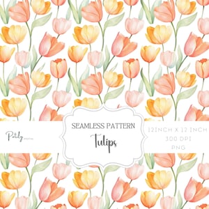 May include: A seamless pattern featuring watercolor illustrations of pink, orange, and yellow tulips on a white background. The pattern is 12 inches by 12 inches and 300 DPI. The text "Seamless Pattern Tulips" is included in the image.