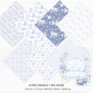 Le Jardin Secret French toile digital paper collection in soft blue and white, featuring elegant floral and bird patterns, ornate damask motifs, hydrangeas, vintage cameos, and a romantic French love seat surrounded by flowers. A delicate watercolor grandmillennial-style paper set perfect for scrapbooking, junk journaling, invitations, and shabby chic craft projects.