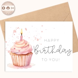 Cartão de feliz aniversário para impressão, desenho floral em aquarela, download digital, impressão em casa, cartão DIY
