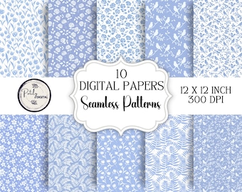 Chinoiserie Blue and white Printable Paper, Seamless Shabby Chic, Digital Download, Wildflowers and birds, Scrapbook, Junk Journal, PNG