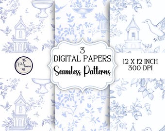 Toile de Jouy chinoiseriestijl digitaal papier - naadloos patroon, doop, doop, afdrukbaar, png-bestanden direct downloaden.