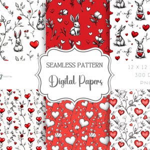 Puede incluir: Cuatro patrones de papel digital sin costuras con un fondo rojo, flores blancas y contornos negros de conejos que sostienen corazones. El texto "SEAMLESS PATTERN Digital Papers" está en un cuadro blanco en el centro de la imagen. El texto "12 x 12 INCH 300 DPI PNG" está en un cuadro blanco en la esquina inferior derecha de la imagen.
