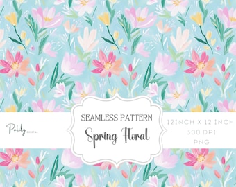Bright floral digital seamless pattern, Spring Preppy Designs - Pastel Background. Instant Digital Download, for papers, POD, and more, png
