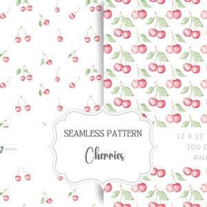 Puede incluir: Un patrón sin costuras con cerezas rojas y hojas verdes sobre un fondo blanco. El patrón es de 12 x 12 pulgadas y 300 DPI. El texto "Seamless Pattern Cherries" está en un cuadro blanco con un borde gris.