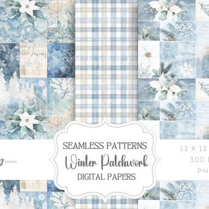 Winter Patchwork Seamless Digital Papers, Blue Gingham and Floral Backgrounds, Christmas Scrapbook & Printable Craft Paper Set PNG